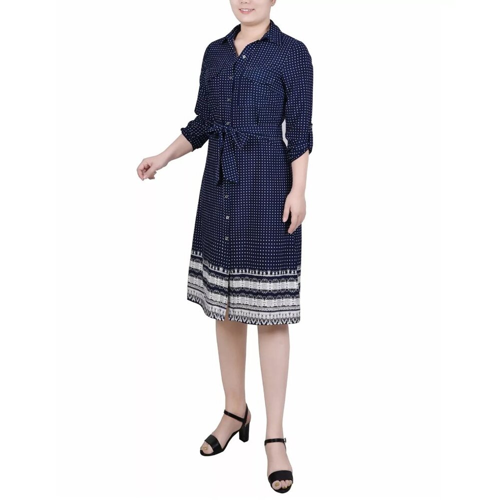 NY Collection Petite 3/4 Roll Tab Sleeve Belted Shirtdress Blue Size PXL